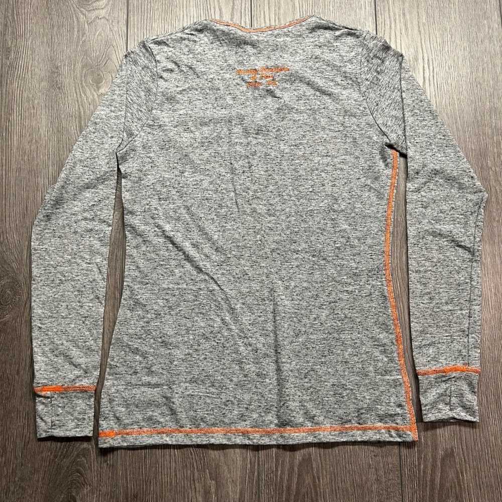 Harley-Davidson Womens Small Gray Orange Stitch Long Sleeve V-Neck Shirt Y2K - Picture 4 of 8